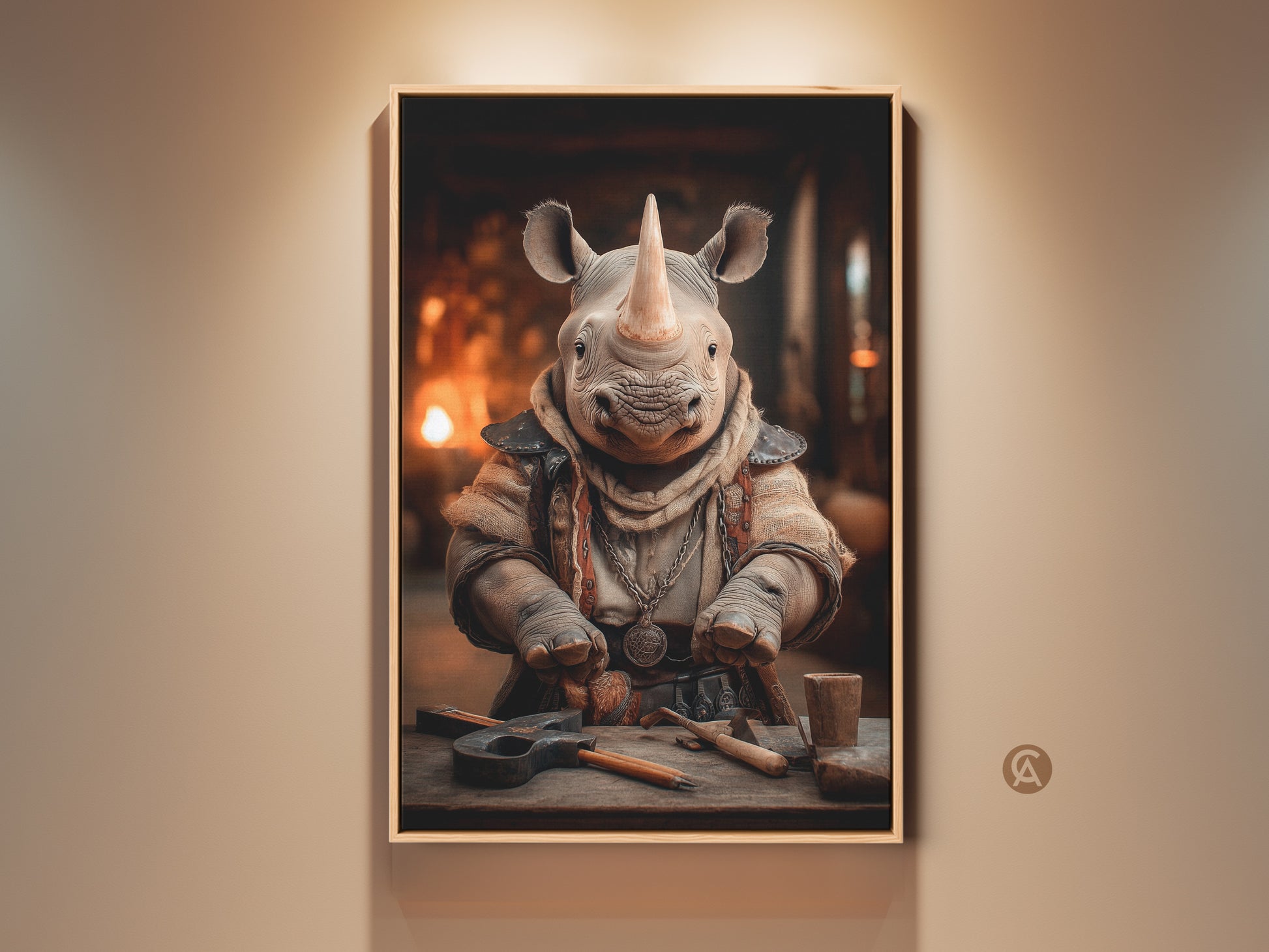 Fantasy Rhino character art print displayed in a floating frame. Tan and orange tones art add an eclectic touch to any office or home. It's a unique animal lover gift. This artisan wall art brings a whimsical charm to any space. This piece is an ideal choice for adding character and warmth to your decor.