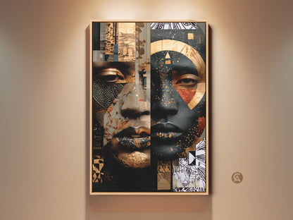 Framed contemporary abstract portrait artwork. Gold and black geometric wall art adds an eclectic touch to any room. Perfect home decor gift for art collectors. The artwork is a striking addition to modern homes. This eclectic face canvas print brings a unique artistic flair.