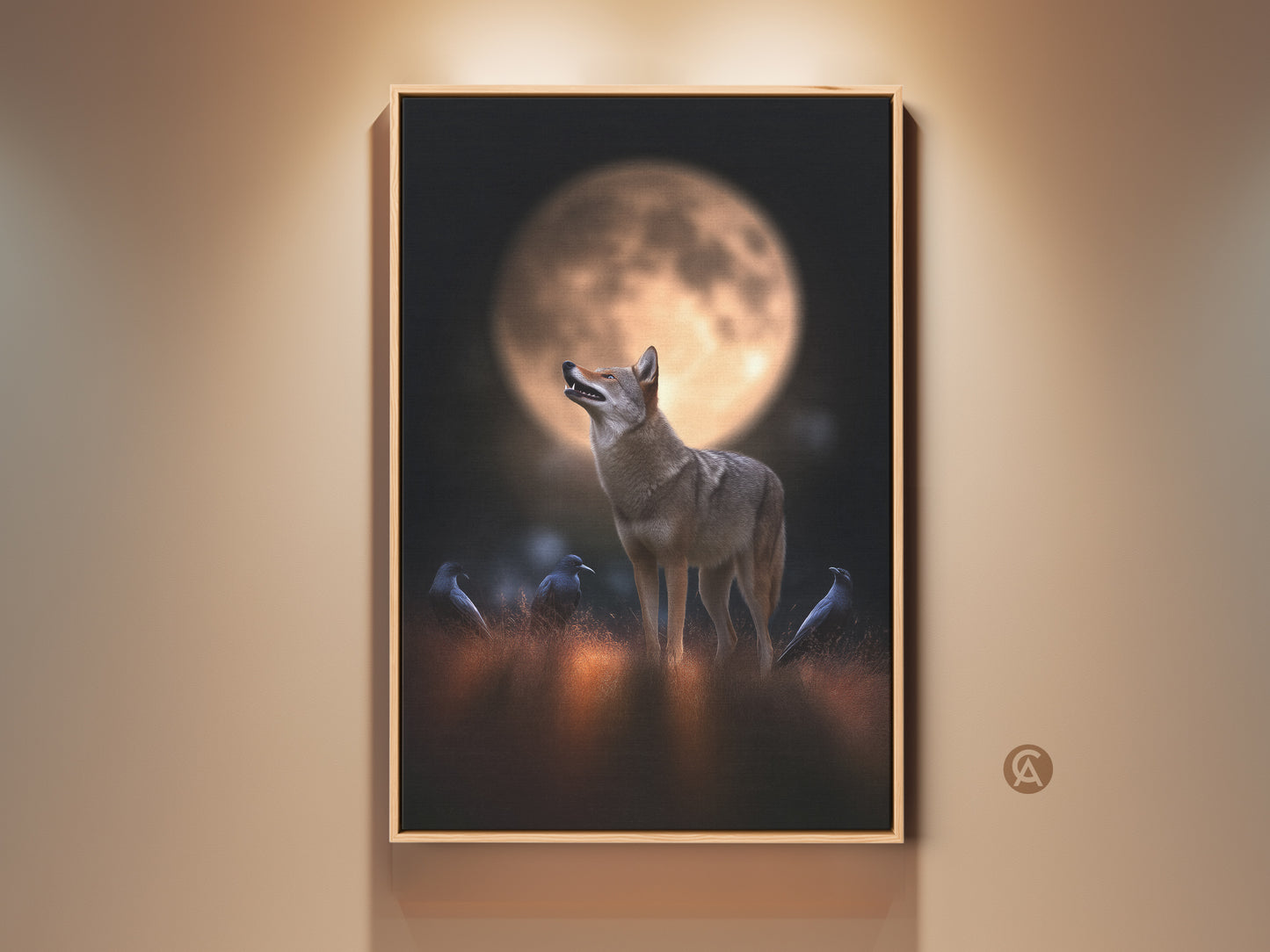 Rustic coyote and crows artwork under a golden moon glows warmly. This photorealistic canvas print adds wild charm to any room. A housewarming gift for animal lovers. The dark brown floating frame enhances the rustic golden orange tones. Perfect nature wall art for bedroom or living room.
