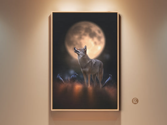 Rustic coyote and crows artwork under a golden moon glows warmly. This photorealistic canvas print adds wild charm to any room. A housewarming gift for animal lovers. The dark brown floating frame enhances the rustic golden orange tones. Perfect nature wall art for bedroom or living room.
