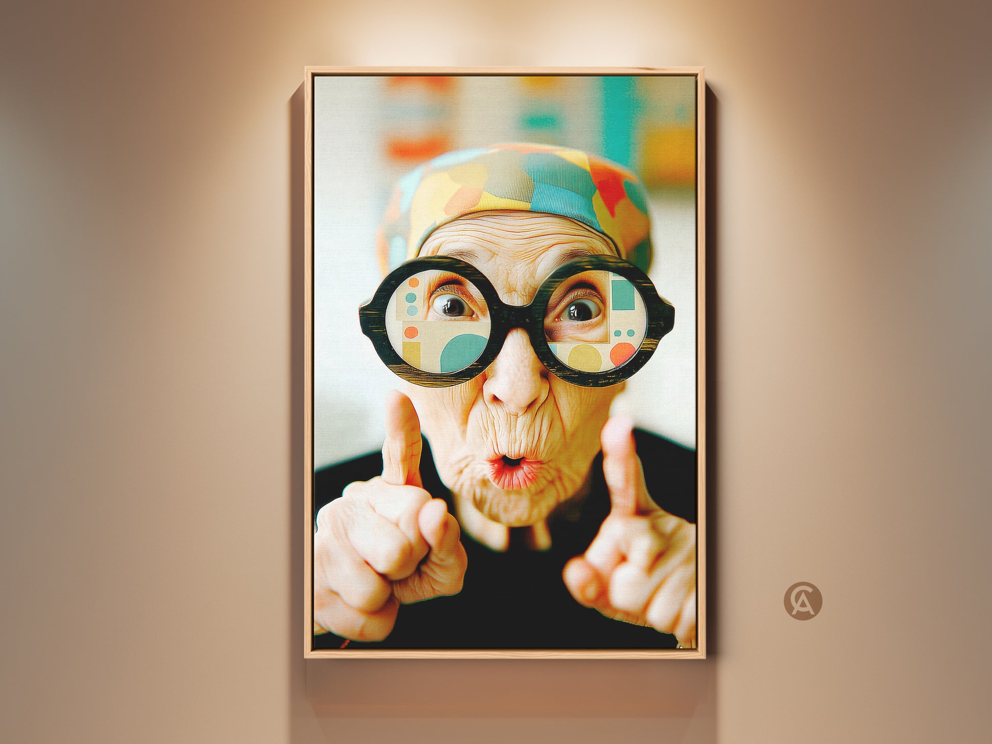 Framed artwork featuring an elderly woman with whimsical glasses. This art is a portrait with a playful twist. The print is in a wood floating frame. It adds character to any room. Shop now for unique wall art.
