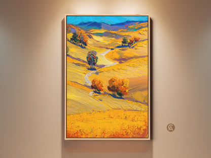 Golden Yellow Landscape Canvas Print displayed in a room. It's an impressionistic trees and hills wall art. This autumn nature artwork is a contemporary home decor gift. The scene is bathed in golden light. A blue sky is visible in the horizon. The artwork enhances the room's warm ambiance. Perfect for adding a touch of nature and elegance to any space.