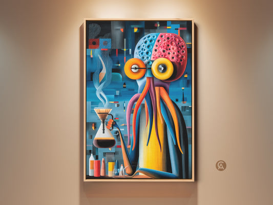 A surreal octopus is brewing coffee in this unique art print. This abstract piece features an octopus with a pour-over coffee set. The artwork has vibrant blues and oranges. This eclectic wall art is a perfect gift for coffee lovers. It brings a distinctive touch to any kitchen or office decor.