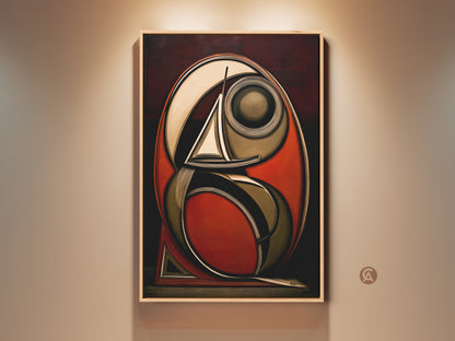 Framed nautical abstract artwork featuring a sailboat in rust red dark brown and gold tones. This art deco style canvas print adds an eclectic touch to any office or home decor. The geometric sailboat canvas art hangs on a light colored wall.