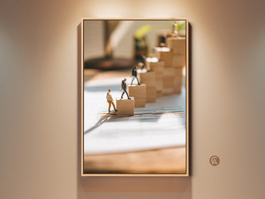 Conceptual business wall art shows miniature figures climbing wooden blocks. This motivational decor in brown blue and yellow is ideal for office spaces. A unique art print symbolizing progress and achievement. This is a perfect gift for ambitious professionals seeking inspiration and career growth.