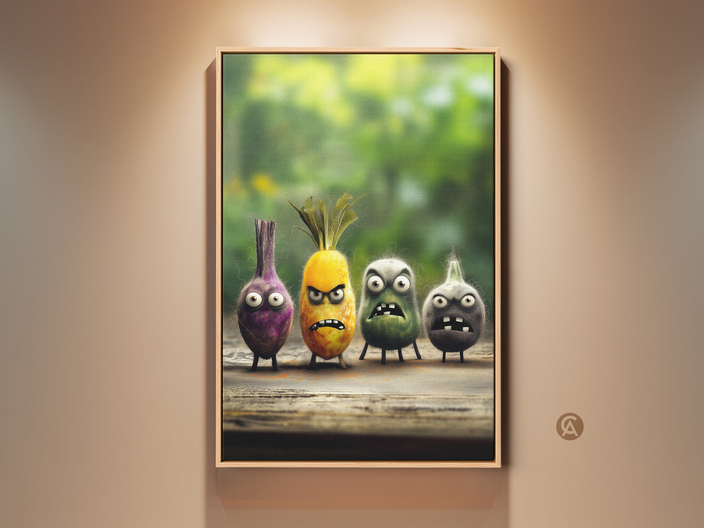 Framed quirky food characters canvas art print. This funny onion and pineapple wall decor is perfect cartoon kitchen art. A unique gift for foodies. Add humor to your space today. The colors are eclectic yellow and purple.