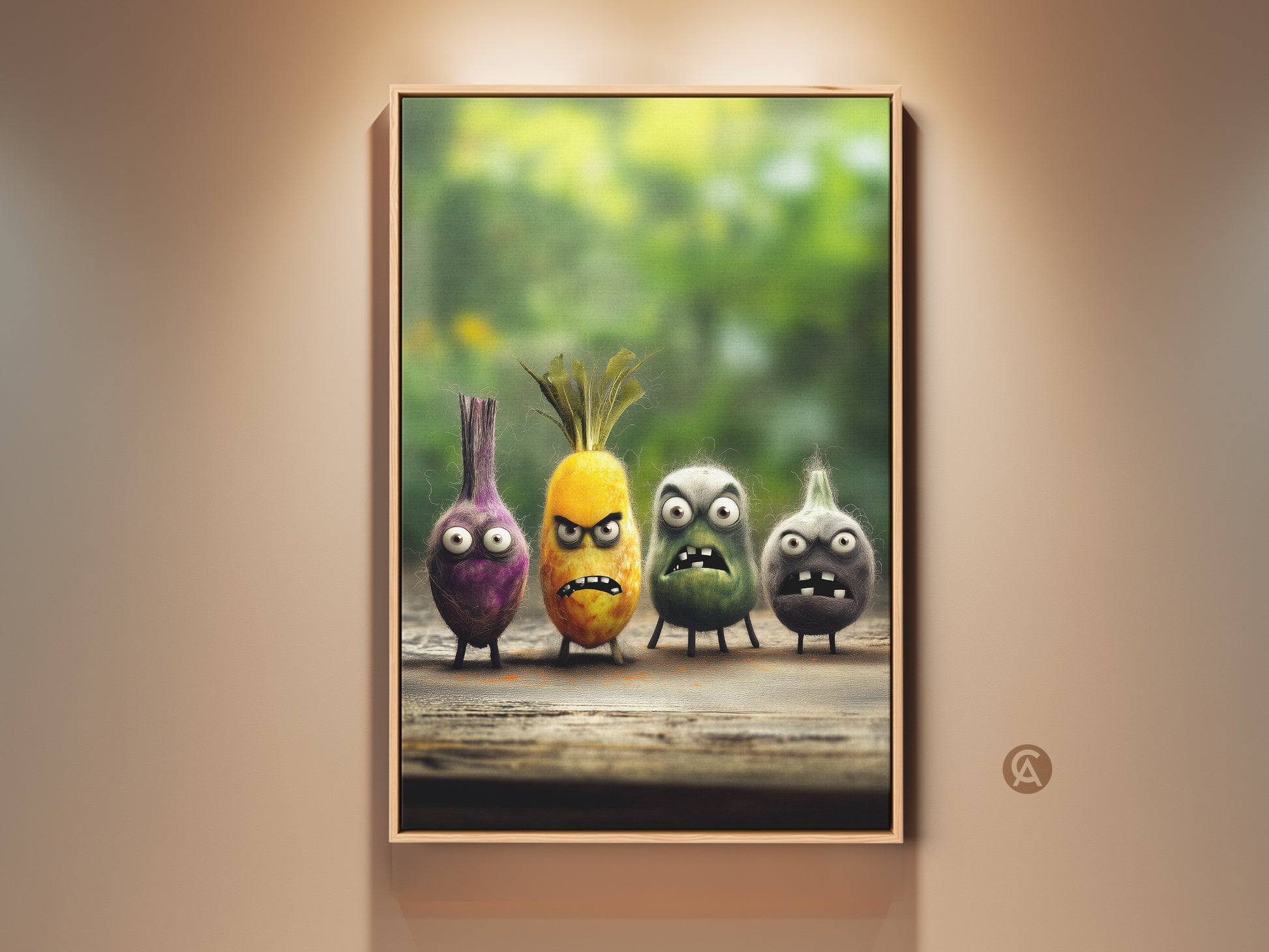 Framed quirky food characters canvas art print. This funny onion and pineapple wall decor is perfect cartoon kitchen art. A unique gift for foodies. Add humor to your space today. The colors are eclectic yellow and purple.