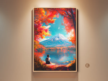 Framed artwork of Mount Fuji and a girl reading by the lake. The artwork is matted and ready to hang. It captures the beauty of nature with vibrant colors. A perfect piece for art collectors.