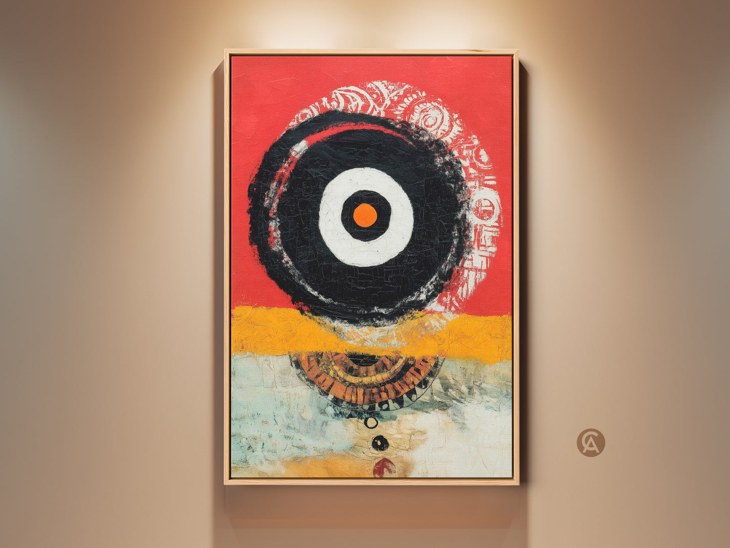 Modern wall art featuring abstract geometric shapes in red yellow and black. This eclectic print is a perfect contemporary study decor. It offers a bold focal point. Add a unique artistic touch to your home or office with this eye-catching canvas art. Ideal as an art gift for enthusiasts.