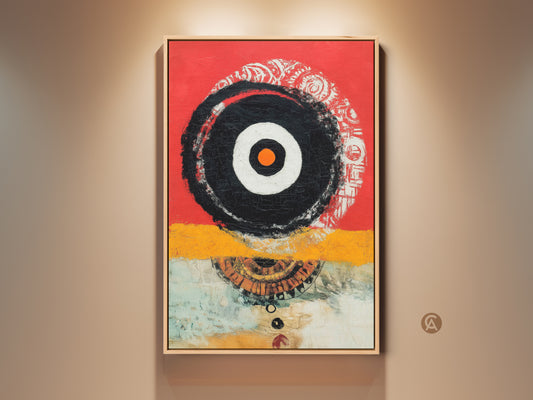 Modern wall art featuring abstract geometric shapes in red yellow and black. This eclectic print is a perfect contemporary study decor. It offers a bold focal point. Add a unique artistic touch to your home or office with this eye-catching canvas art. Ideal as an art gift for enthusiasts.