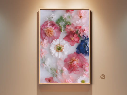 Modern botanical art print showcasing pink and white flowers. This floral wall art brings contemporary elegance to any bedroom. A minimalist floral decor piece that serves as a beautiful housewarming gift. Delicate floral artwork with soft hues for a serene atmosphere. Shop now for high quality art prints.