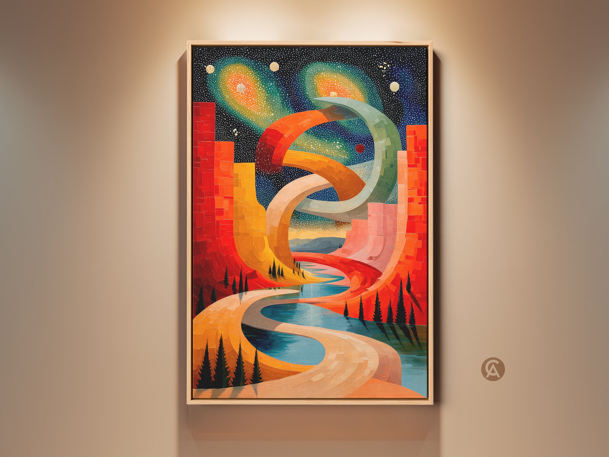 Striking cosmic cityscape art print. Abstract geometric shapes in red orange and blue. Surreal space artwork on canvas for modern bedroom decor. This abstract canvas art adds a touch of wonder. A unique housewarming gift for art enthusiasts.