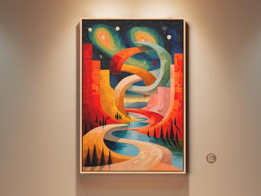 Striking cosmic cityscape art print. Abstract geometric shapes in red orange and blue. Surreal space artwork on canvas for modern bedroom decor. This abstract canvas art adds a touch of wonder. A unique housewarming gift for art enthusiasts.