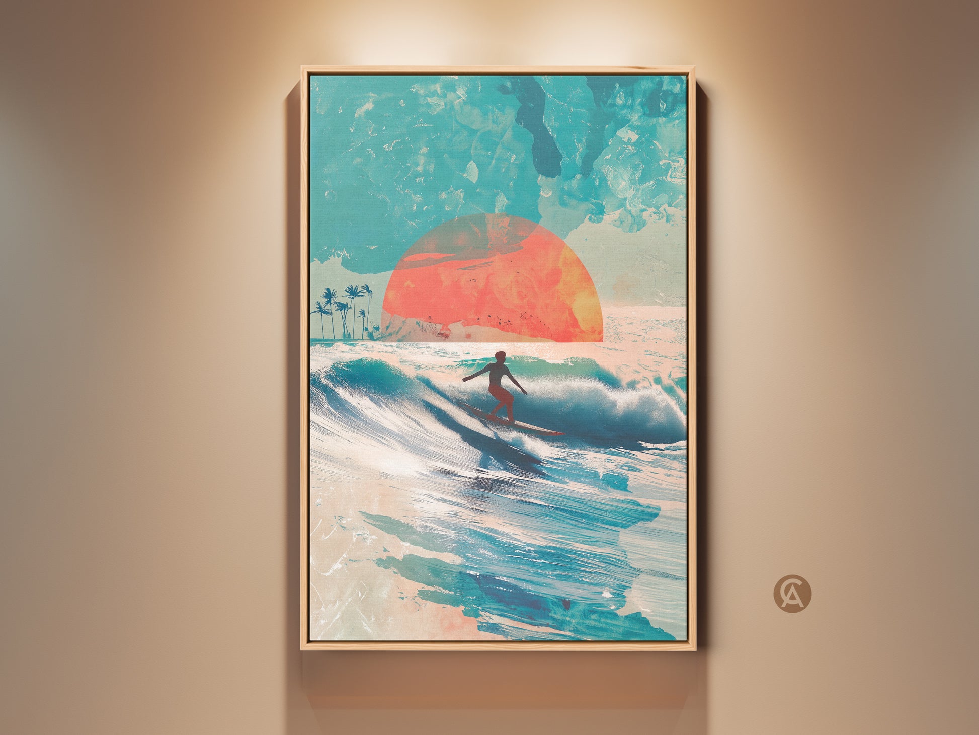 Framed canvas art of a surfer riding a wave at sunset. The artwork features a vibrant color palette. The piece is a great addition to any coastal or modern home decor. The floating frame enhances the artwork. Ready to hang and enjoy.
