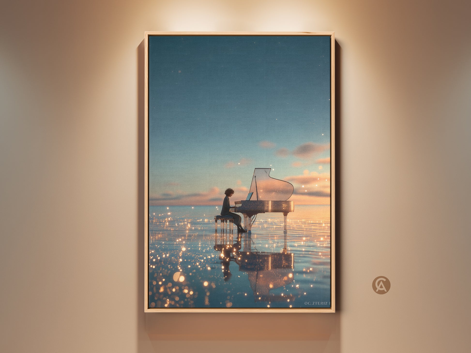 This artwork features a surreal scene. A person plays a grand piano on water under a starry sky. The sunset creates a dreamy atmosphere. The artwork evokes peace and musical inspiration.