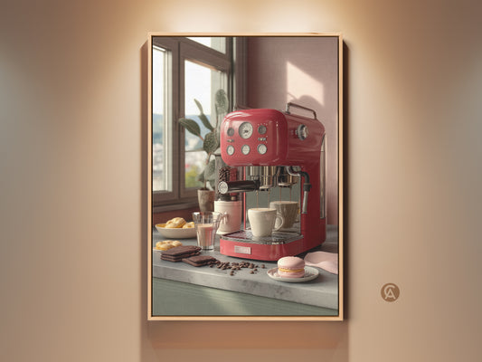 A framed canvas art print featuring a retro red espresso machine. This kitchen wall decor shows a vintage coffee maker with coffee beans cookies and a macaron. This piece is a perfect coffee lover gift or housewarming present.