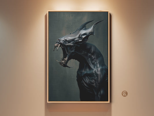 Framed monster artwork. This unique wall art features a creature with horns and sharp teeth. Gallery wall decor is perfect for a fan of dark fantasy art. Museum-quality framed canvas.