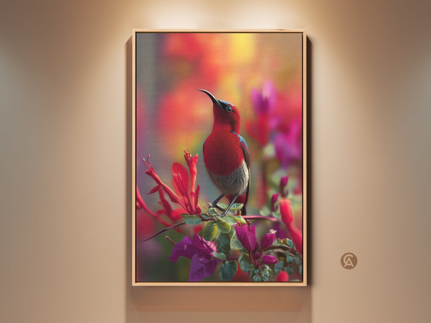 Framed Exotic Red Sunbird artwork. This photorealistic canvas features a vibrant bird on tropical flowers. A stunning nature canvas brings eclectic style to any room. Perfect housewarming gift for bird lovers.