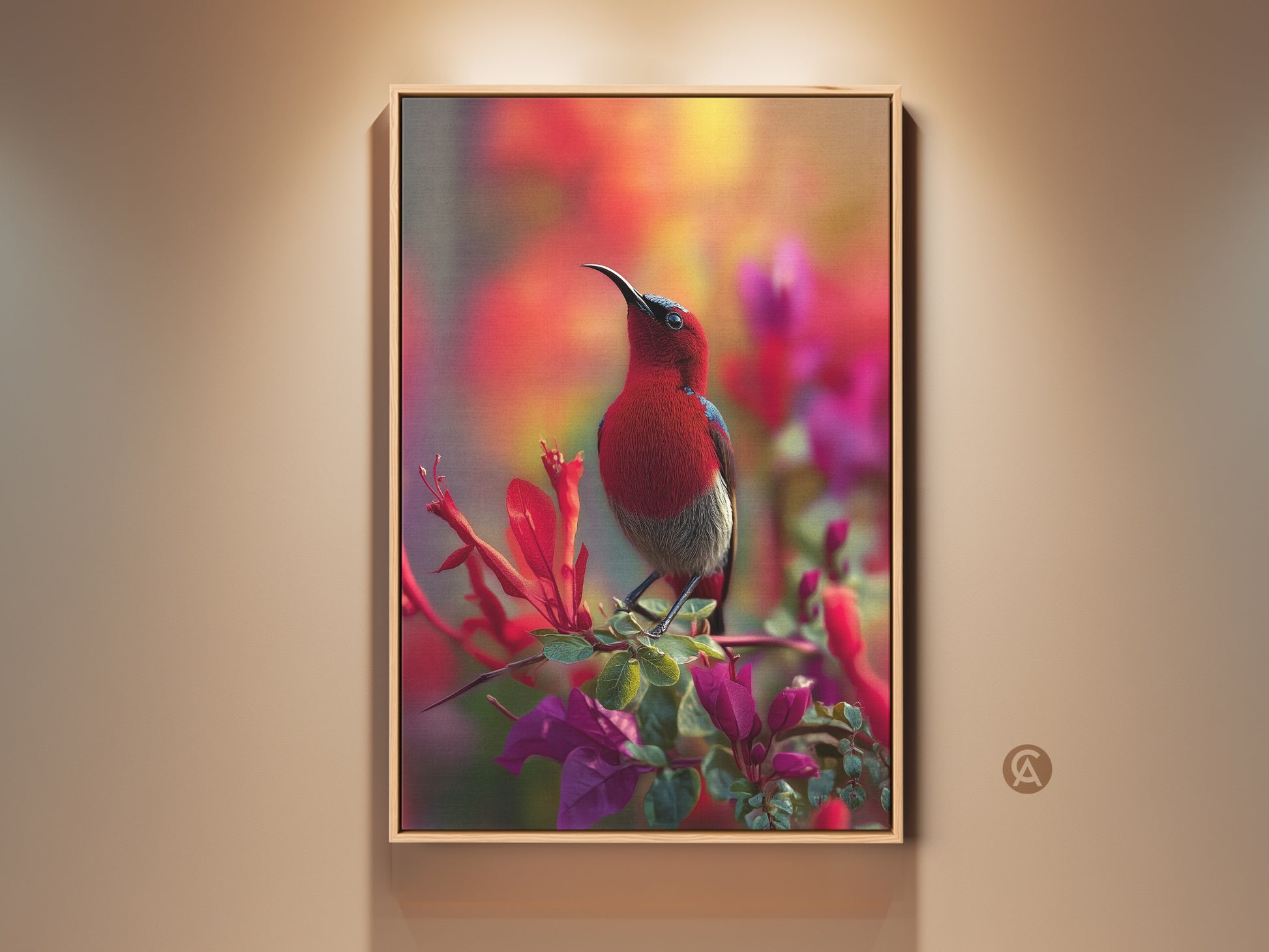 Framed Exotic Red Sunbird artwork. This photorealistic canvas features a vibrant bird on tropical flowers. A stunning nature canvas brings eclectic style to any room. Perfect housewarming gift for bird lovers.