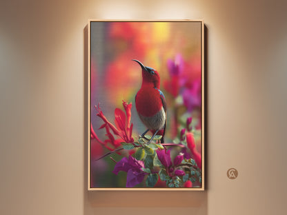 Framed Exotic Red Sunbird artwork. This photorealistic canvas features a vibrant bird on tropical flowers. A stunning nature canvas brings eclectic style to any room. Perfect housewarming gift for bird lovers.