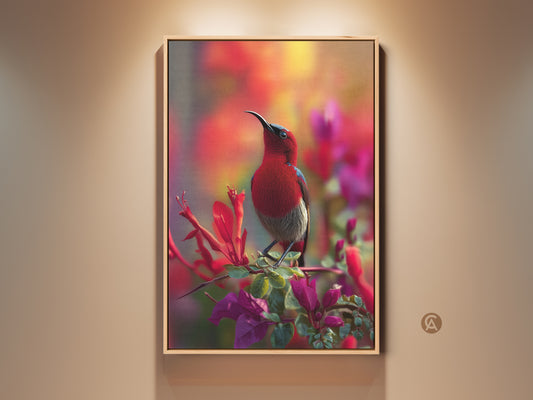 Framed Exotic Red Sunbird artwork. This photorealistic canvas features a vibrant bird on tropical flowers. A stunning nature canvas brings eclectic style to any room. Perfect housewarming gift for bird lovers.
