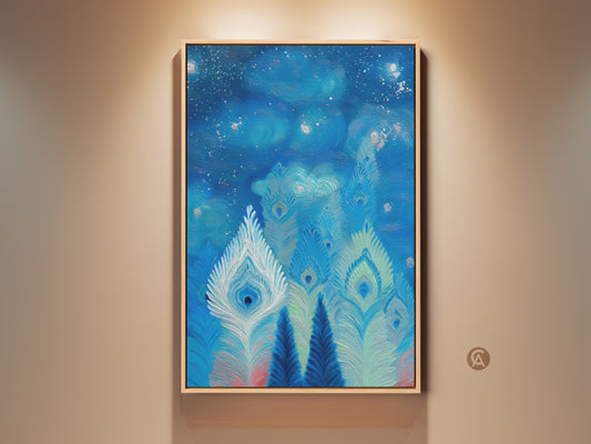 A framed canvas print features an abstract interpretation of peacock feathers. The colors are deep blue and teal. This artwork has a textured impressionistic style. The print hangs on a neutral wall to showcase its beauty.