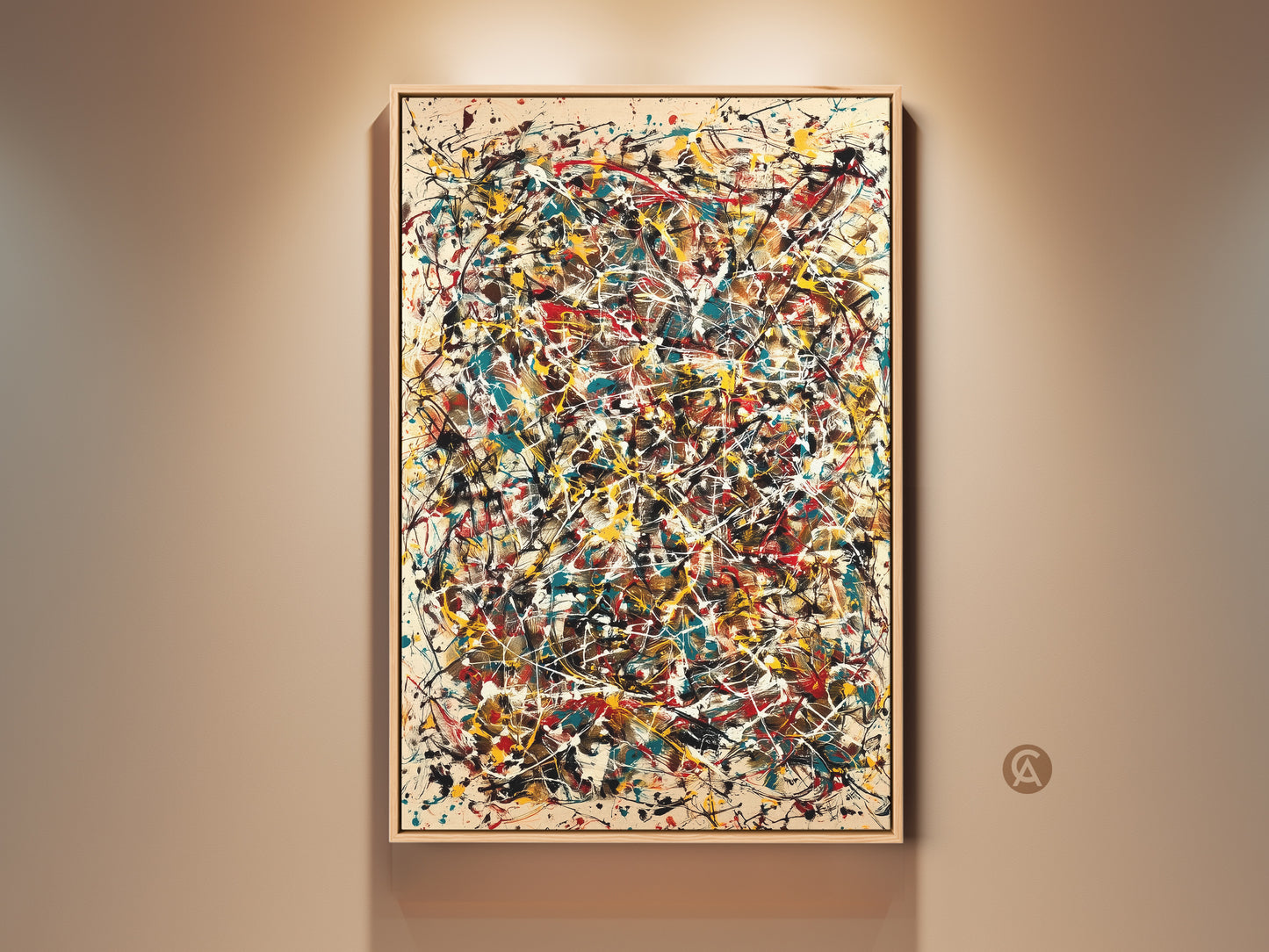 Abstract expressionism artwork on display. The painting features dynamic splatters of red yellow teal and white paint. It is framed and hung against a neutral wall. This vibrant piece adds a bold artistic statement to any space.