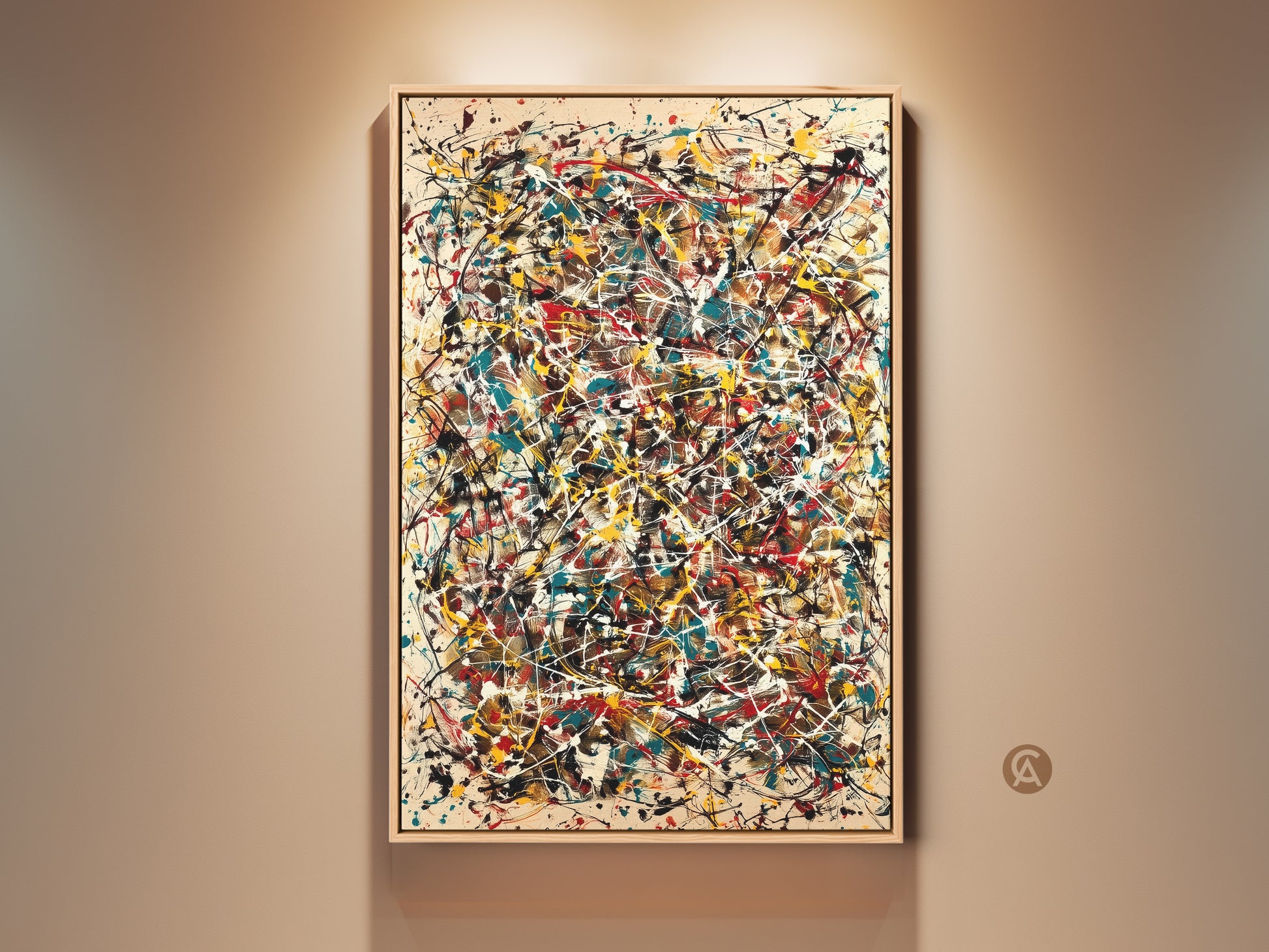 Abstract expressionism artwork on display. The painting features dynamic splatters of red yellow teal and white paint. It is framed and hung against a neutral wall. This vibrant piece adds a bold artistic statement to any space.