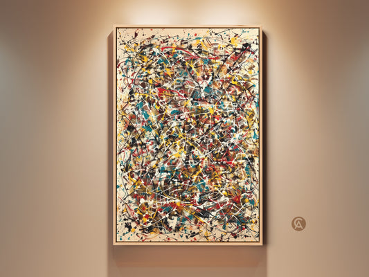 Abstract expressionism artwork on display. The painting features dynamic splatters of red yellow teal and white paint. It is framed and hung against a neutral wall. This vibrant piece adds a bold artistic statement to any space.
