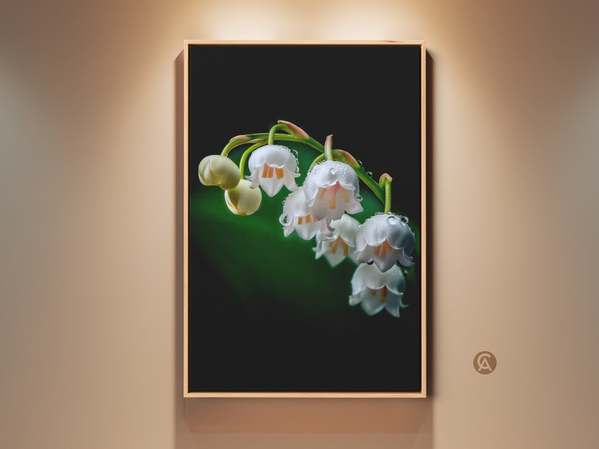 Framed Lily of the Valley botanical art print displayed on a wall. This white floral nature wall art features a macro photography canvas. The delicate dewdrops enhance its realistic flower artwork. It's perfect for adding modern floral decor to any room.