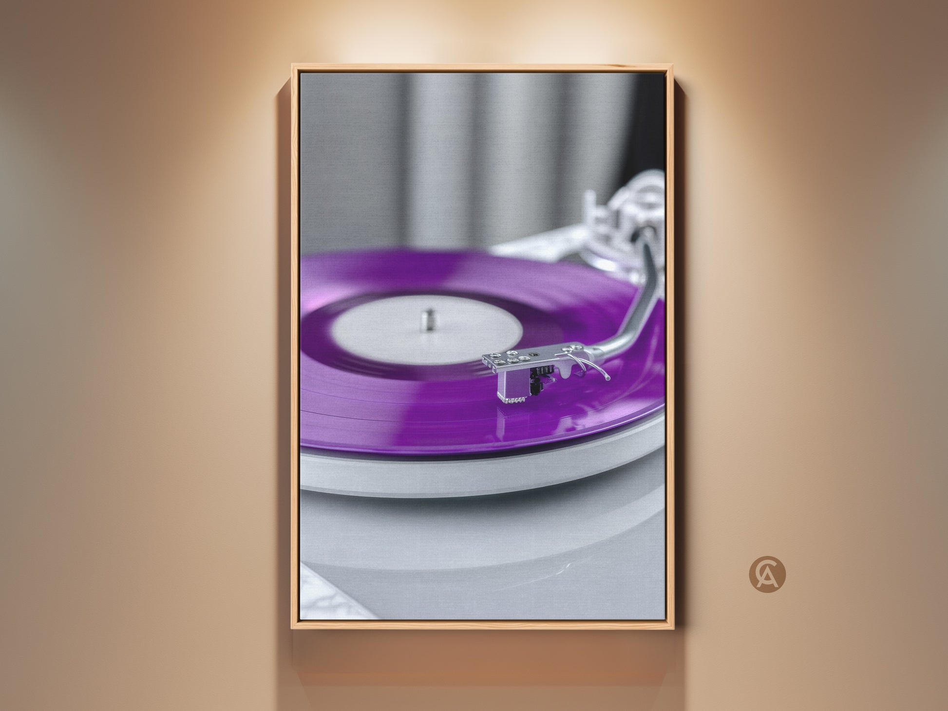 Mid-Century Modern turntable art print on display. The artwork features a close-up of a purple vinyl record. It's a retro music wall decor piece. This adds a touch of vintage charm. It's perfect as a gift for music enthusiasts.