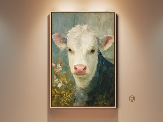 A framed fine art painting of a hereford calf. This artwork captures the innocence of the young animal. Soft brushstrokes and muted tones create a serene country atmosphere. A perfect addition to farmhouse art decor.