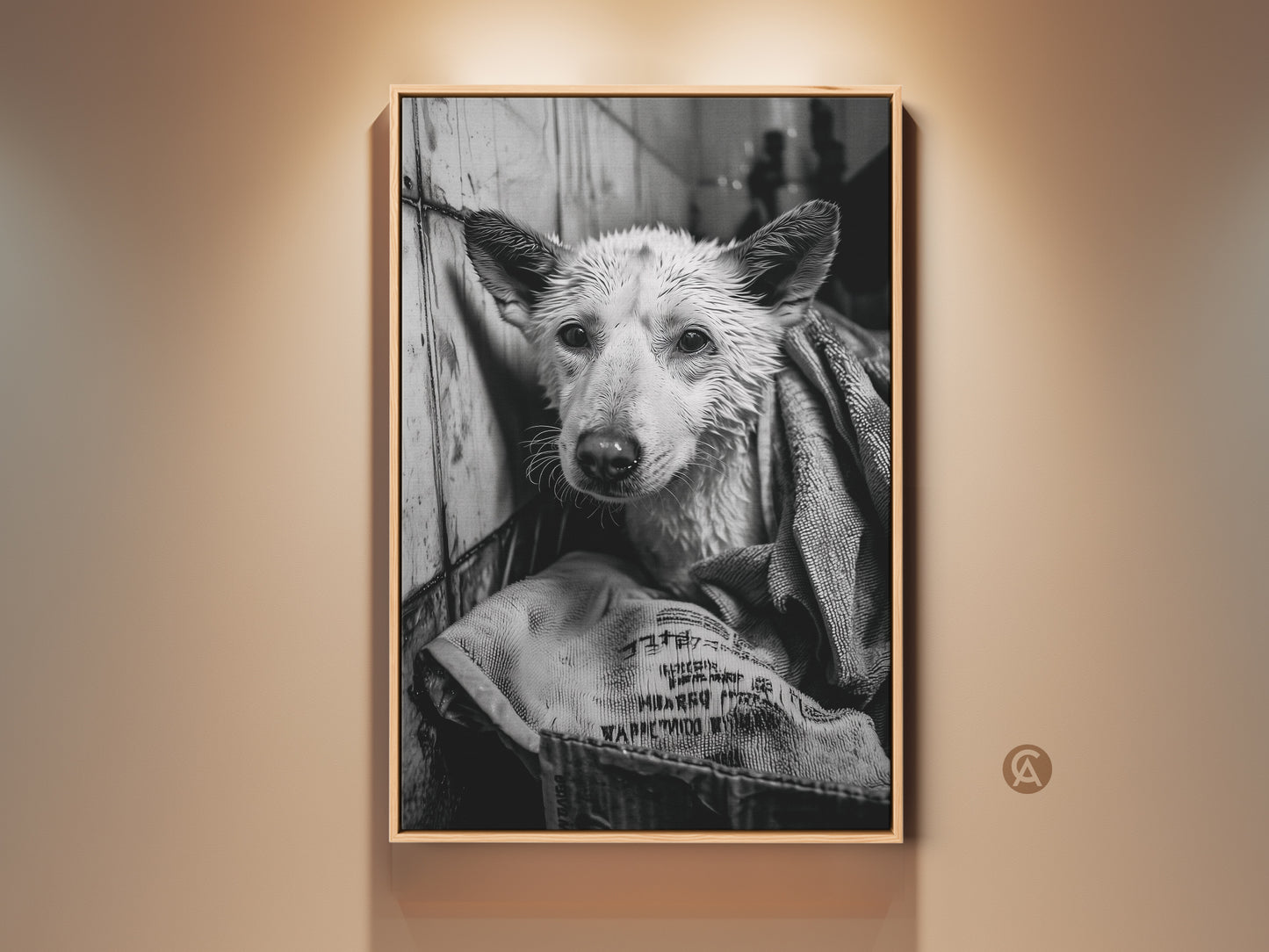 Framed monochrome artwork of a wet dog wrapped in a towel. This canine art piece is a great conversation starter. The wall art adds a touch of humor to any room. It is a unique piece for dog lovers and art collectors. This gallery-wrapped canvas is ready to hang.