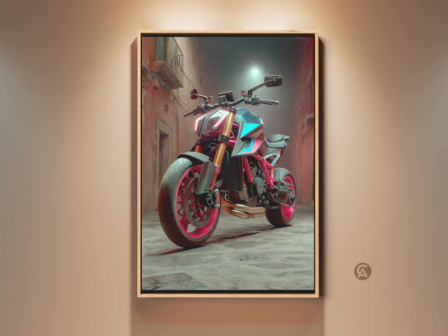 Cyberpunk Motorcycle canvas art set against a neon-lit urban street. The motorcycle has a futuristic aesthetic. The colors are red pink and teal adding an industrial loft touch. Consider it as unique decor for a garage workshop.