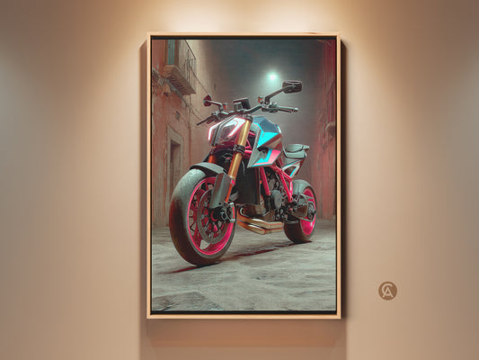 Cyberpunk Motorcycle canvas art set against a neon-lit urban street. The motorcycle has a futuristic aesthetic. The colors are red pink and teal adding an industrial loft touch. Consider it as unique decor for a garage workshop.