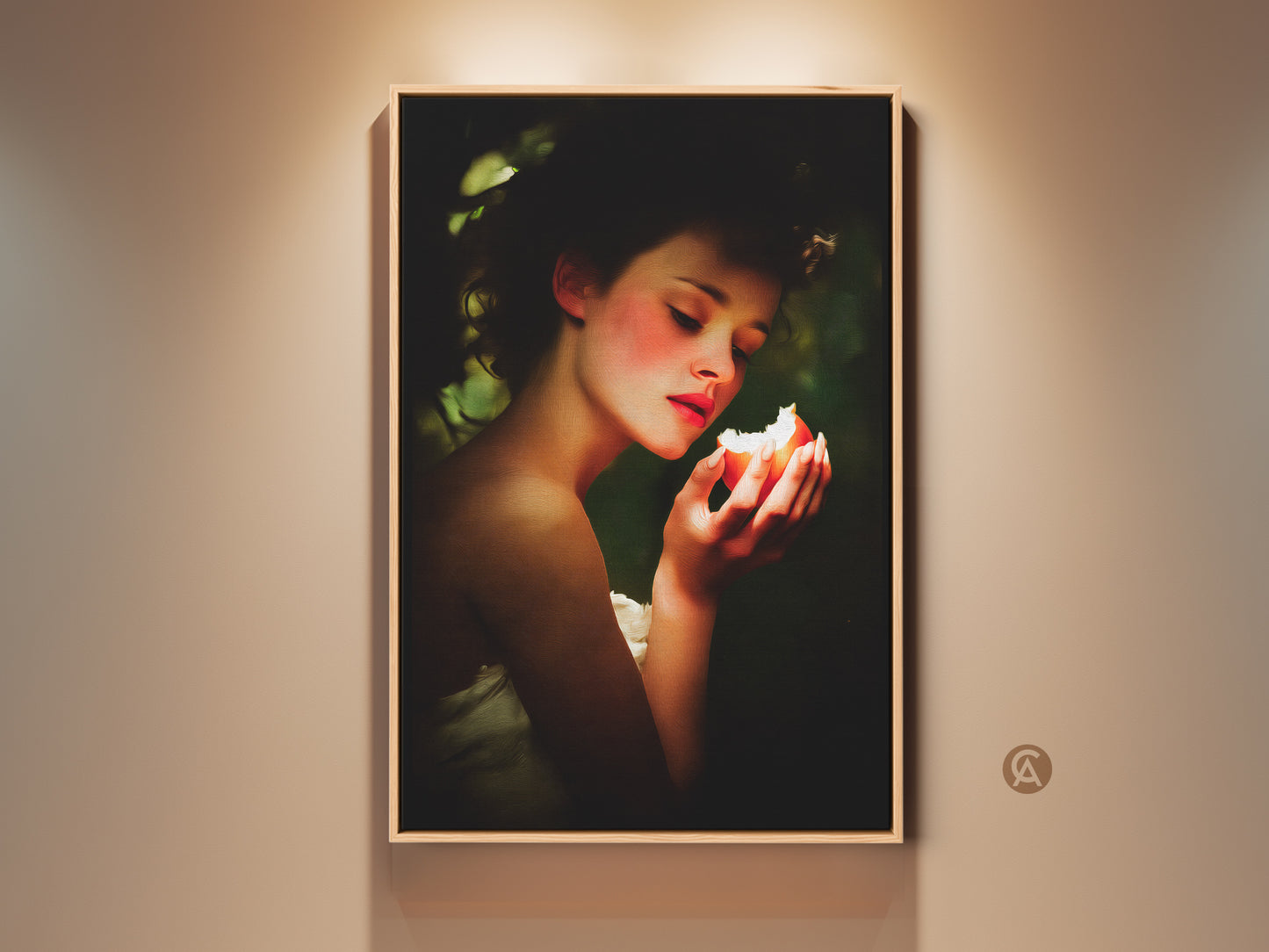 Framed Renaissance woman portrait art features a woman with peach and green apple. This classic still life wall art adds eclectic bedroom decor. Perfect anniversary gift for art lovers. The art print brings a romantic vintage aesthetic to any residential home decor.