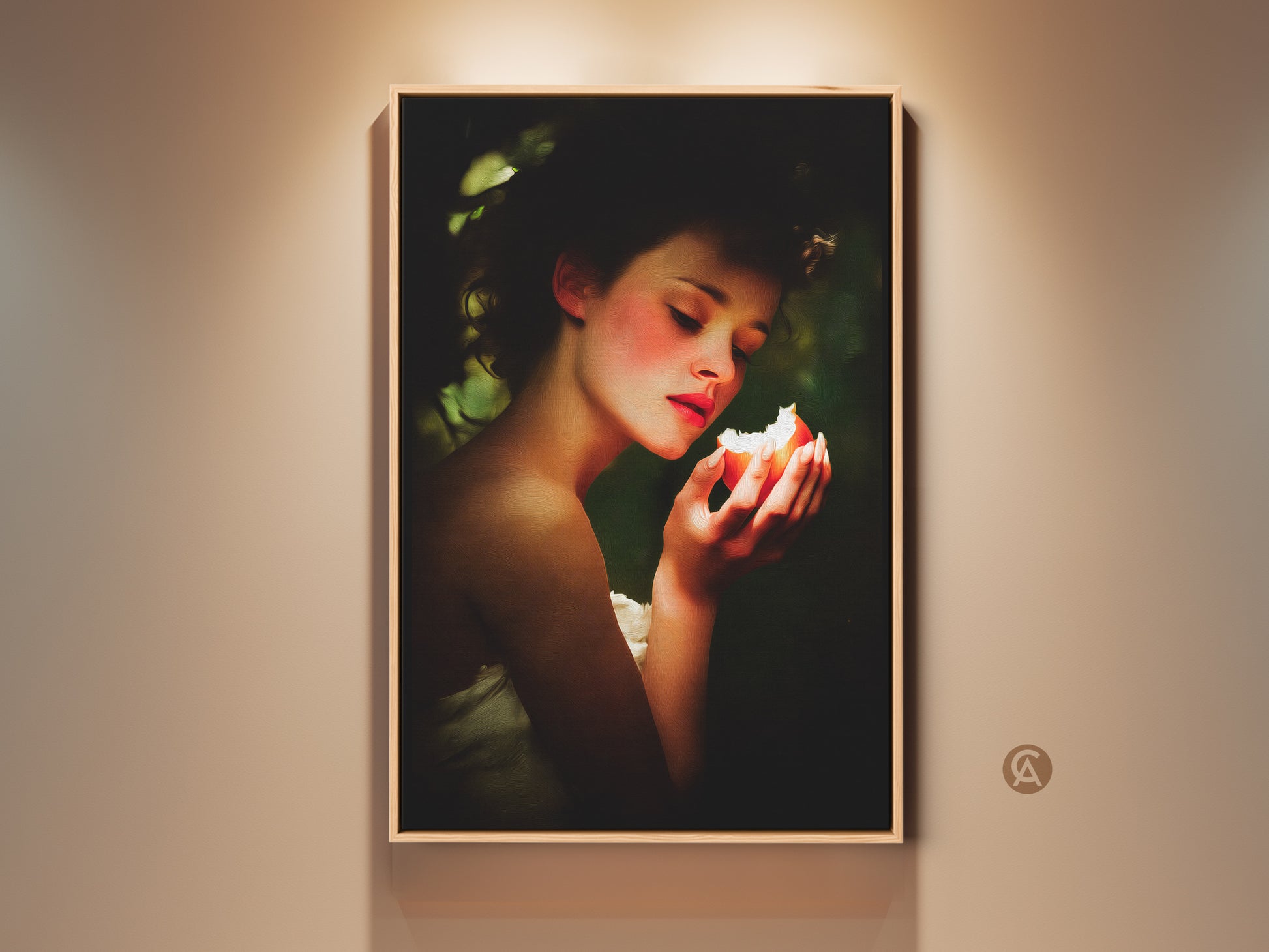 Framed Renaissance woman portrait art features a woman with peach and green apple. This classic still life wall art adds eclectic bedroom decor. Perfect anniversary gift for art lovers. The art print brings a romantic vintage aesthetic to any residential home decor.