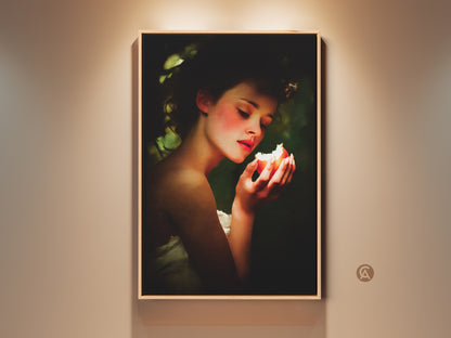 Framed Renaissance woman portrait art features a woman with peach and green apple. This classic still life wall art adds eclectic bedroom decor. Perfect anniversary gift for art lovers. The art print brings a romantic vintage aesthetic to any residential home decor.