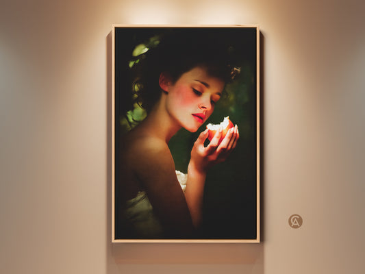 Framed Renaissance woman portrait art features a woman with peach and green apple. This classic still life wall art adds eclectic bedroom decor. Perfect anniversary gift for art lovers. The art print brings a romantic vintage aesthetic to any residential home decor.