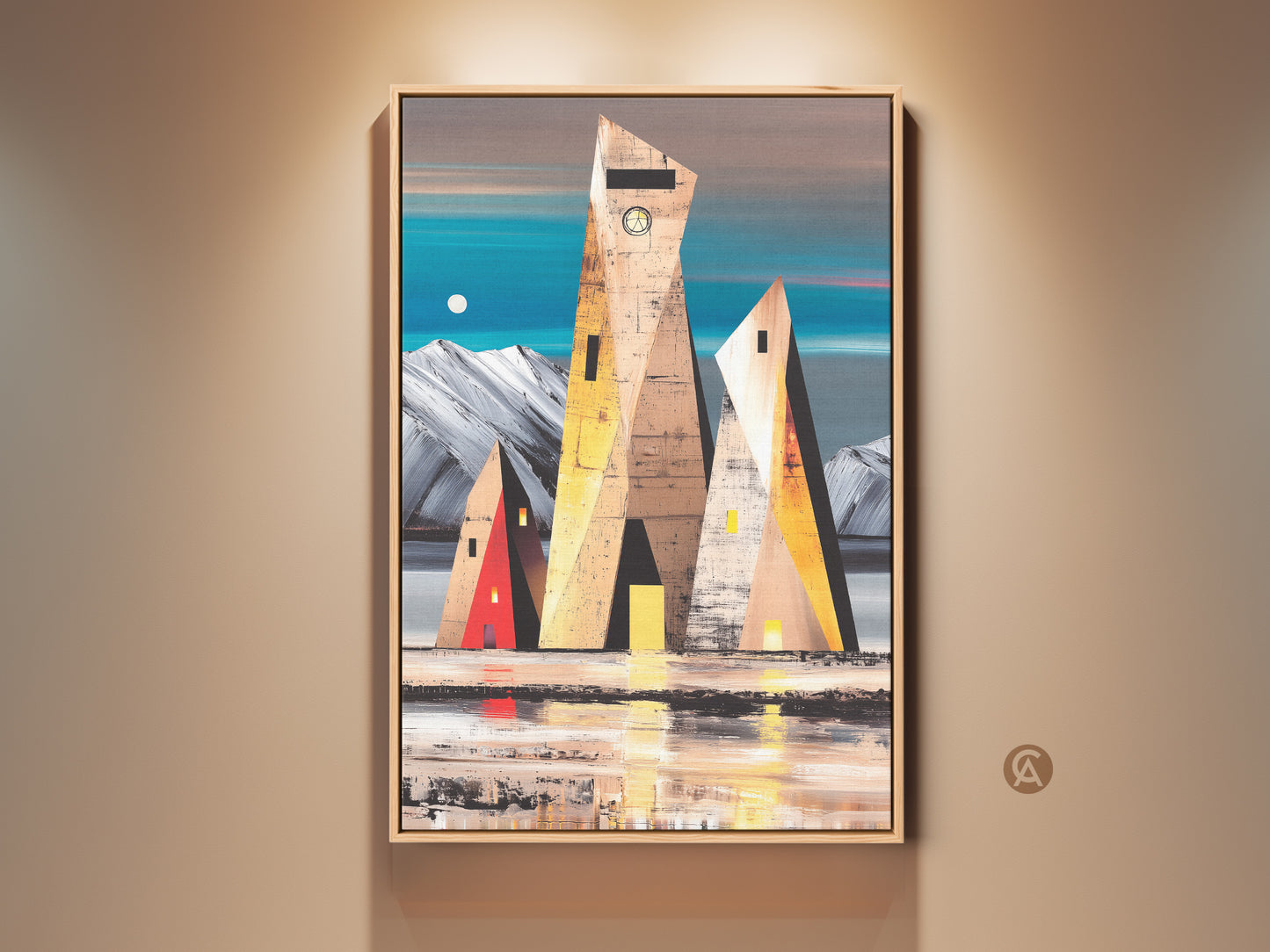 Contemporary geometric building art print on canvas. Teal yellow brown artwork for modern home decor. Abstract landscape art complements any hallway space. This unique design is a great housewarming gift.