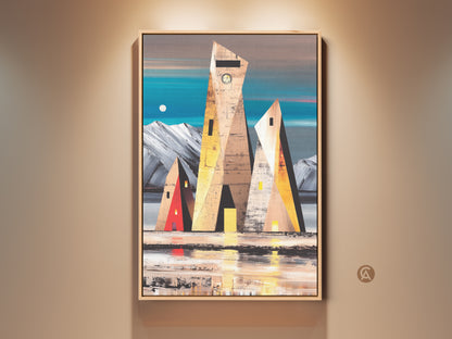 Contemporary geometric building art print on canvas. Teal yellow brown artwork for modern home decor. Abstract landscape art complements any hallway space. This unique design is a great housewarming gift.