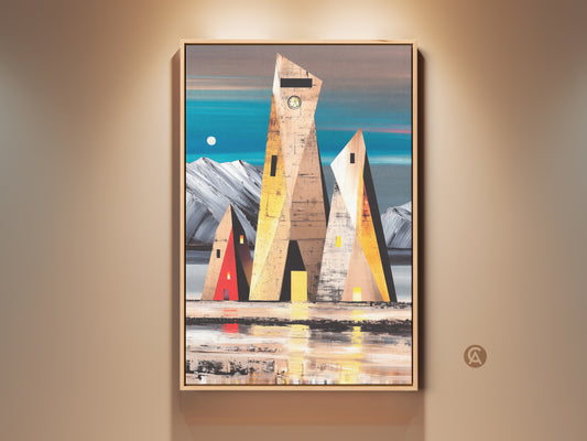 Contemporary geometric building art print on canvas. Teal yellow brown artwork for modern home decor. Abstract landscape art complements any hallway space. This unique design is a great housewarming gift.