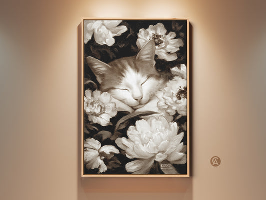A sepia-toned artwork shows a serene cat napping among white peonies. This framed art is displayed on a neutral wall. It's ideal for cat lovers seeking calm decor. Shop framed canvas prints for cozy home accents.