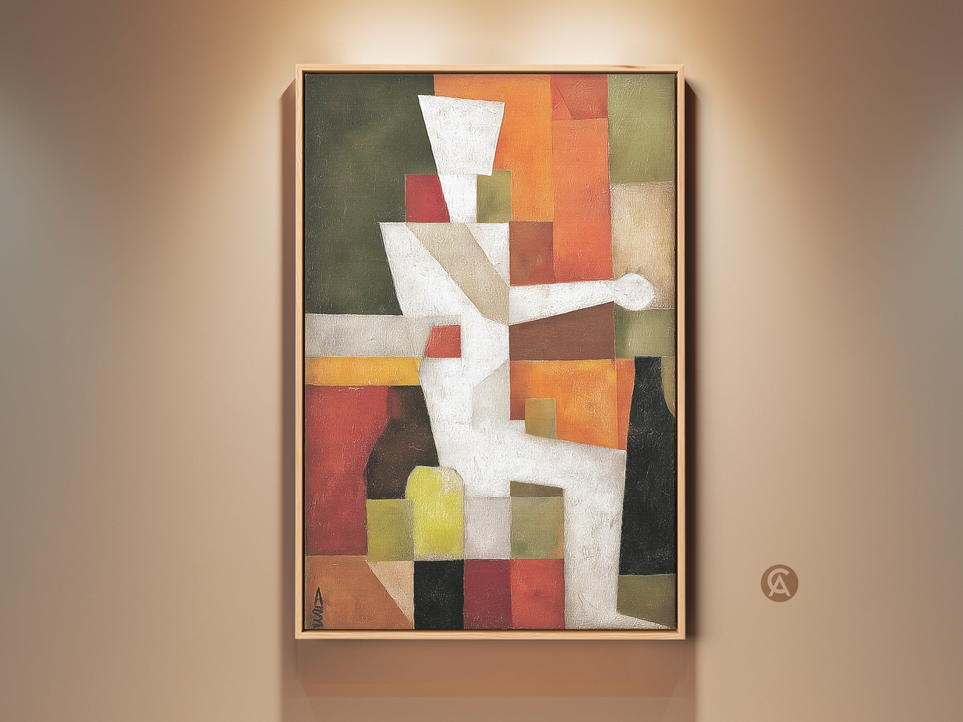 Mid-Century Modern abstract geometric artwork. It features a Terracotta and White palette with Orange and Olive Green accents. This canvas art adds a sophisticated feel to entry halls or living rooms. Perfect housewarming gift for art lovers.