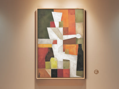 Mid-Century Modern abstract geometric artwork. It features a Terracotta and White palette with Orange and Olive Green accents. This canvas art adds a sophisticated feel to entry halls or living rooms. Perfect housewarming gift for art lovers.