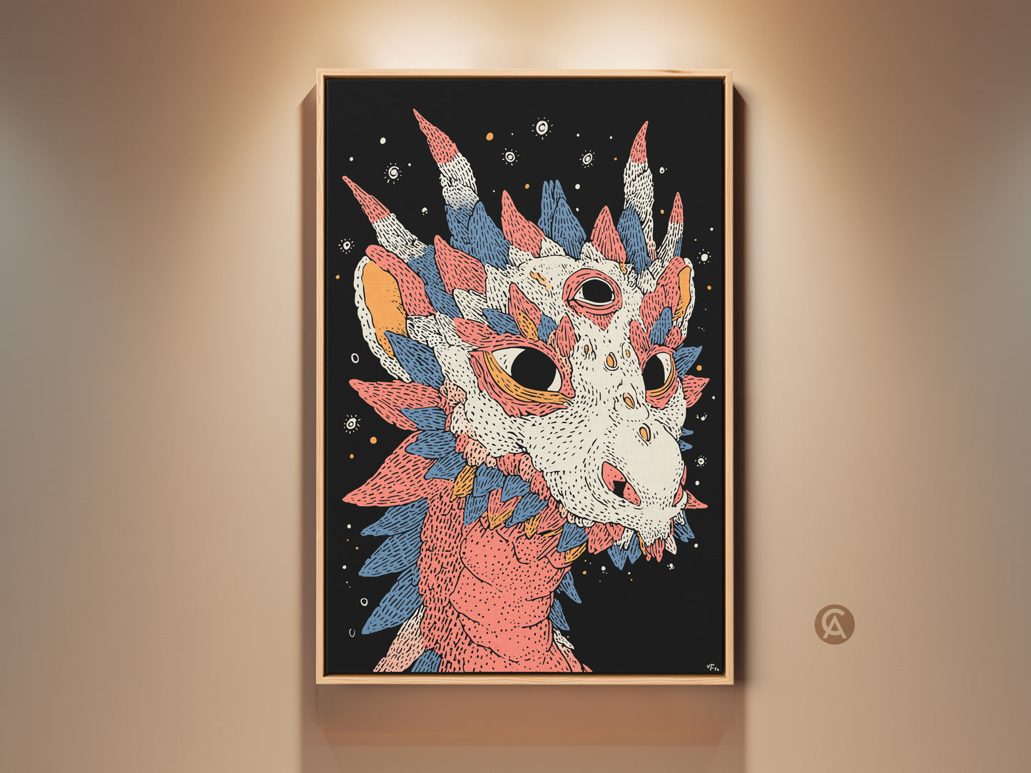 Framed mythical dragon wall art. This fantasy art print features an eclectic coral blue and white color scheme. A unique gift for dragon fans adds character to any room.