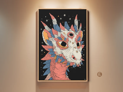 Framed mythical dragon wall art. This fantasy art print features an eclectic coral blue and white color scheme. A unique gift for dragon fans adds character to any room.