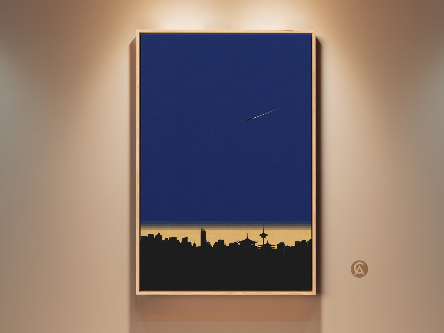 Airplane Cityscape Art Print in a frame. This minimalist skyline wall art features deep blue and yellow modern decor. Geometric travel artwork that enhances any room's aesthetic. Sophisticated wanderlust for home or office spaces.