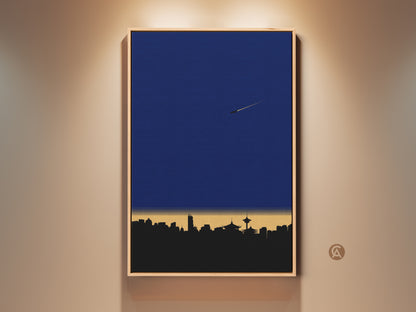 Airplane Cityscape Art Print in a frame. This minimalist skyline wall art features deep blue and yellow modern decor. Geometric travel artwork that enhances any room's aesthetic. Sophisticated wanderlust for home or office spaces.