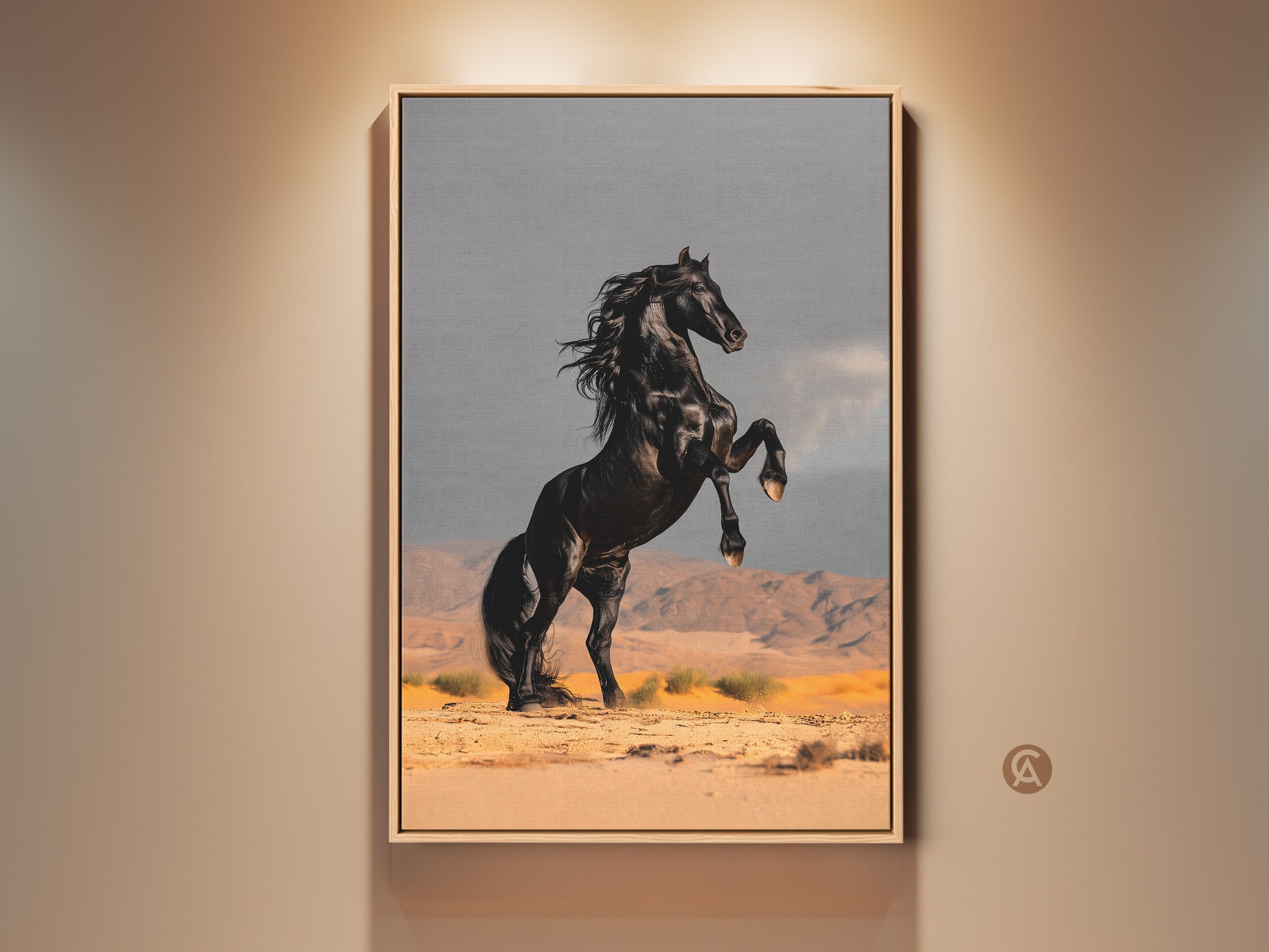 Framed black stallion canvas art print. Showcases a rearing horse in a desert. Modern equestrian home office art adds untamed elegance. Perfect for horse lovers or bold nature artwork collectors. A standout piece for living rooms or ranch style decor.